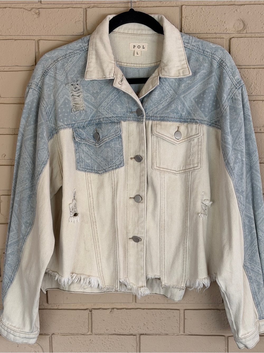 POL Women Distressed Colorblock Fringe Boho Western Slouchy Denim Jacket Size L